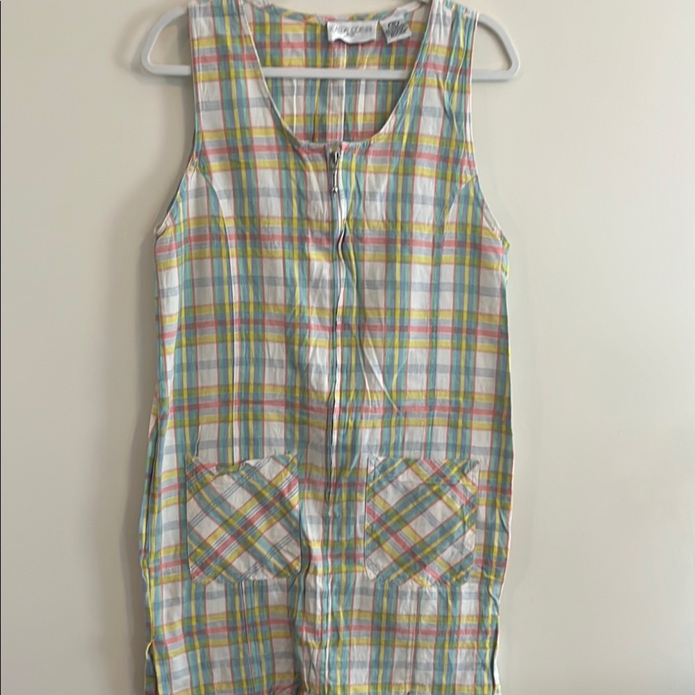 Vintage Casual Corner‎ Plaid  Dress House Coat Sleeveless Pastel Summer S Cotton
